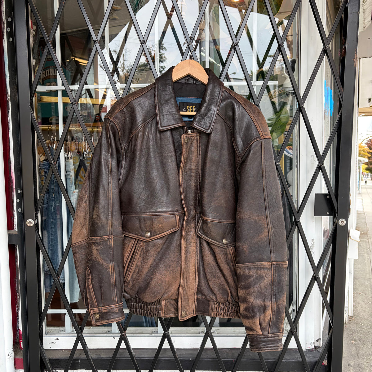 Vintage Leather Bomber Jacket - Size L
