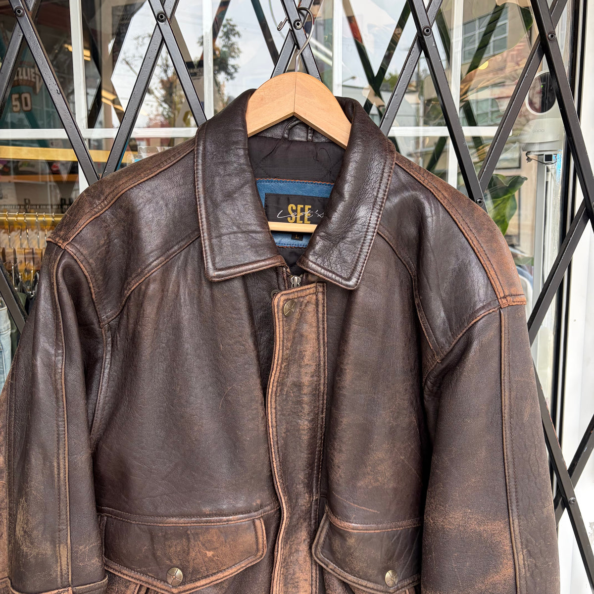 Vintage Leather Bomber Jacket - Size L
