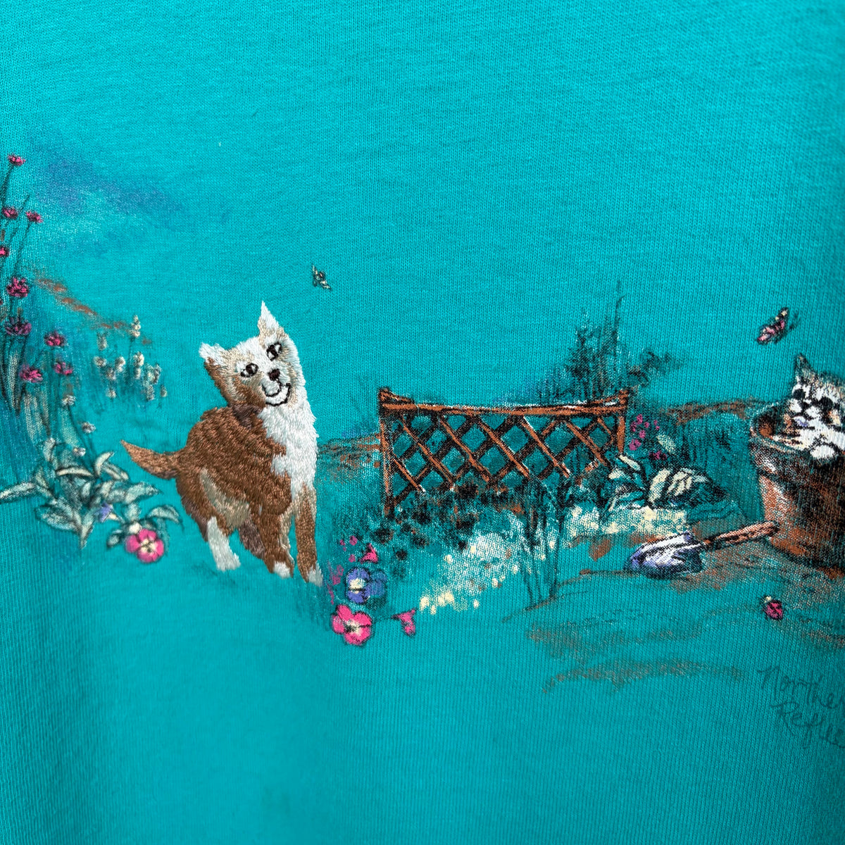 Vintage Cat Embroidered Tee - Size L