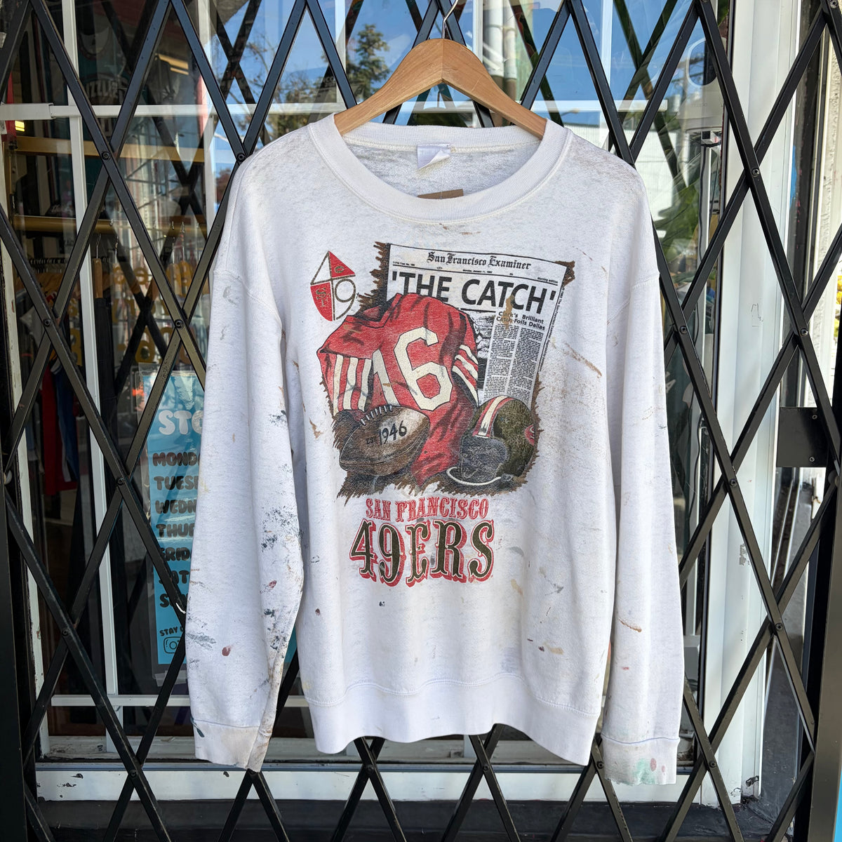 Vintage Distressed and Painted SF 49ers Front Page Crewneck - Size L