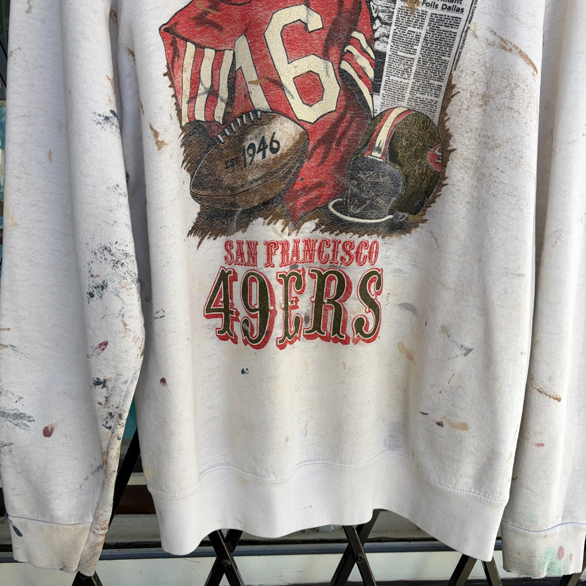 Vintage Distressed and Painted SF 49ers Front Page Crewneck - Size L
