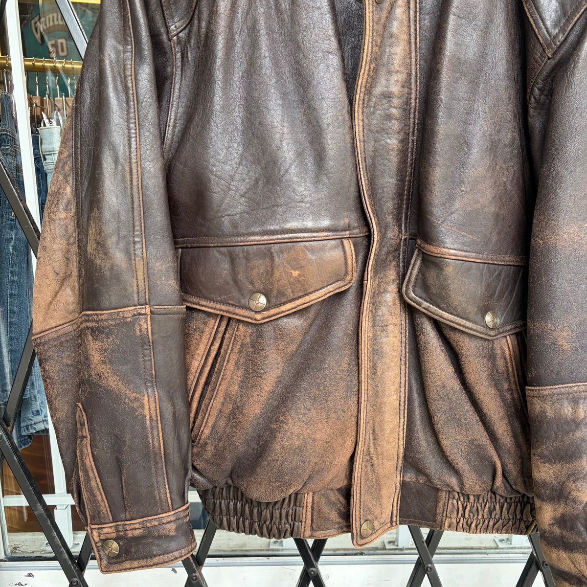 Vintage Leather Bomber Jacket - Size L