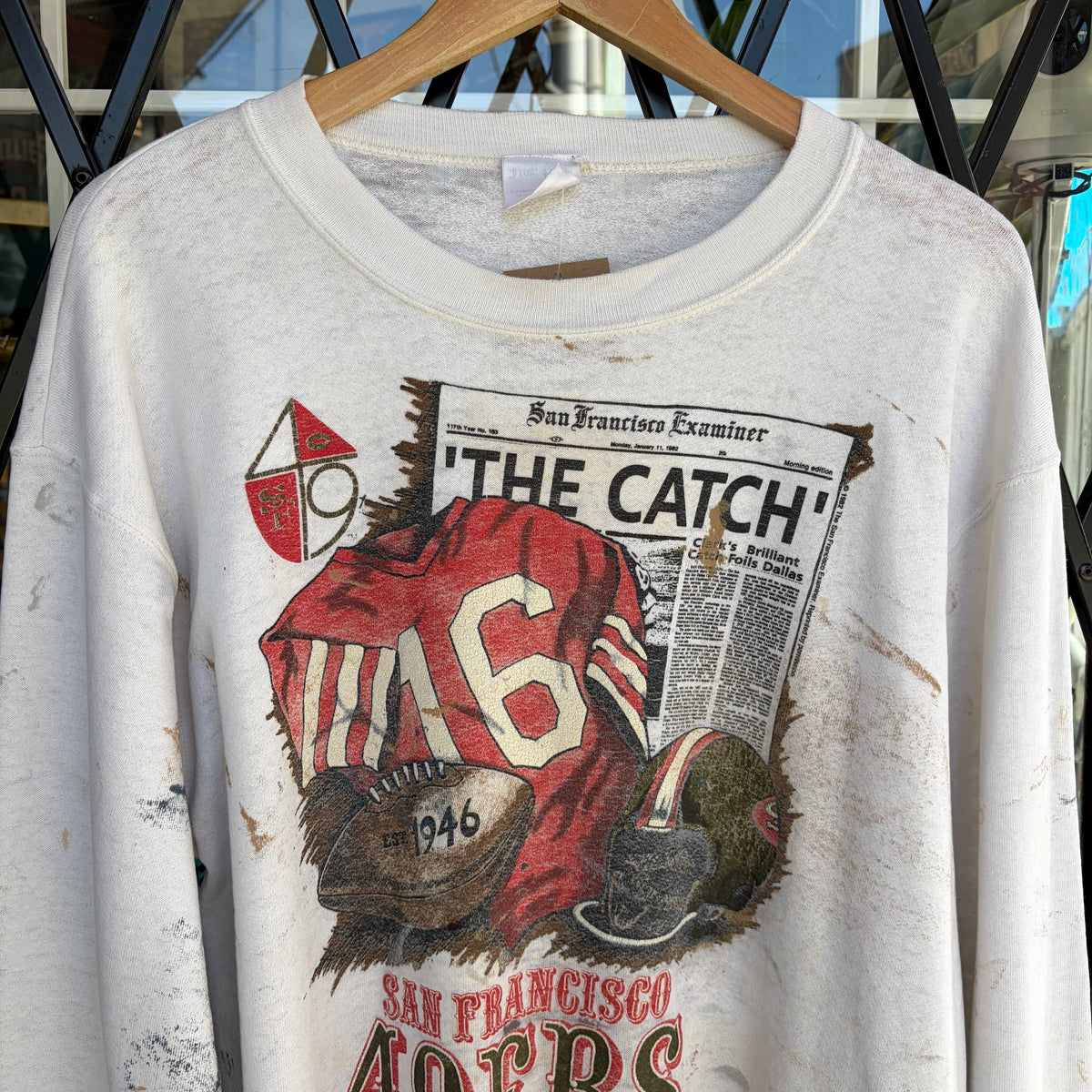 Vintage Distressed and Painted SF 49ers Front Page Crewneck - Size L