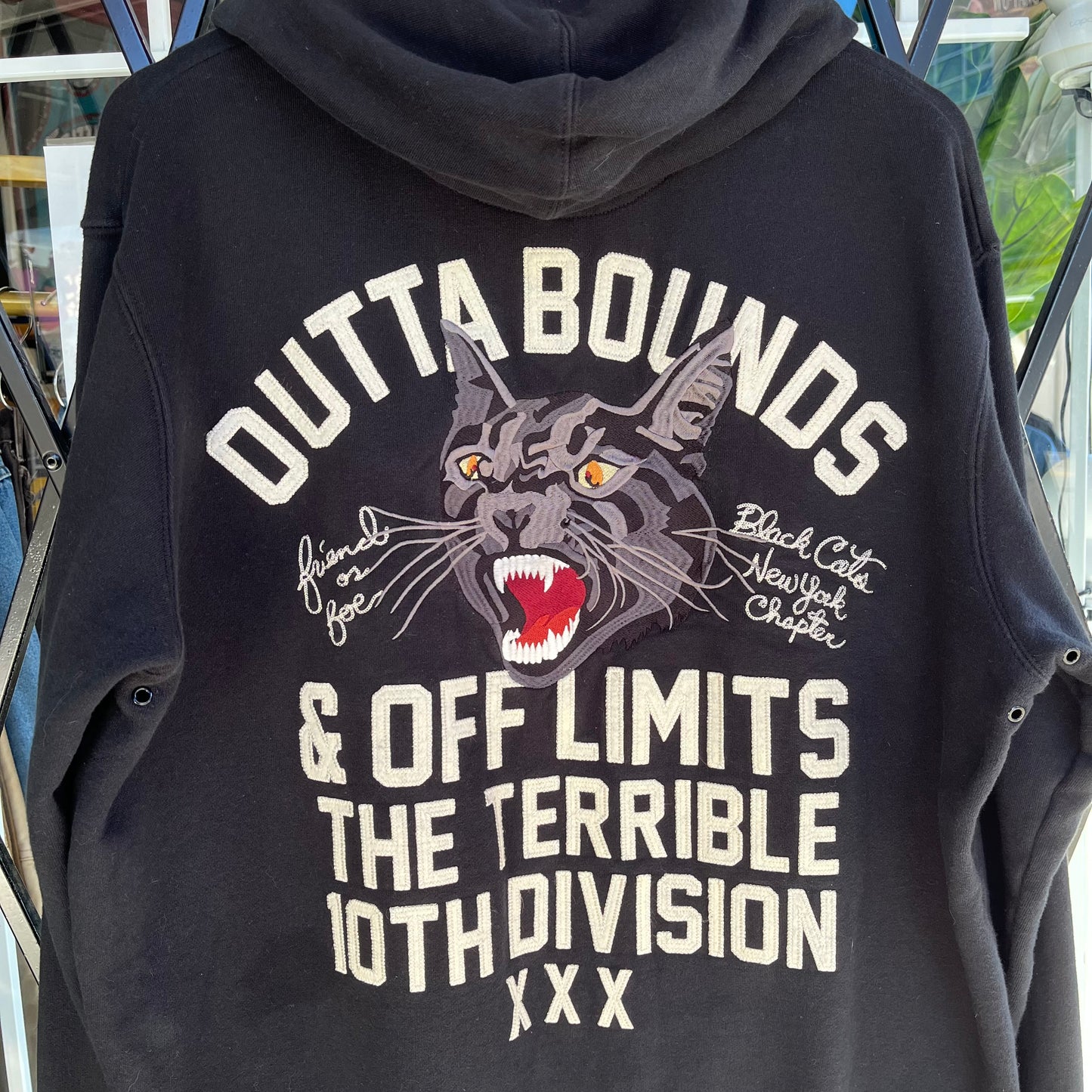 Y2K 10Deep Black Cat Embroidered Zip Hoodie - Size XXL